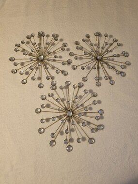 Set of 3 Gold Finish Starburst Jeweled Metal Decorative Wall Sculptures
